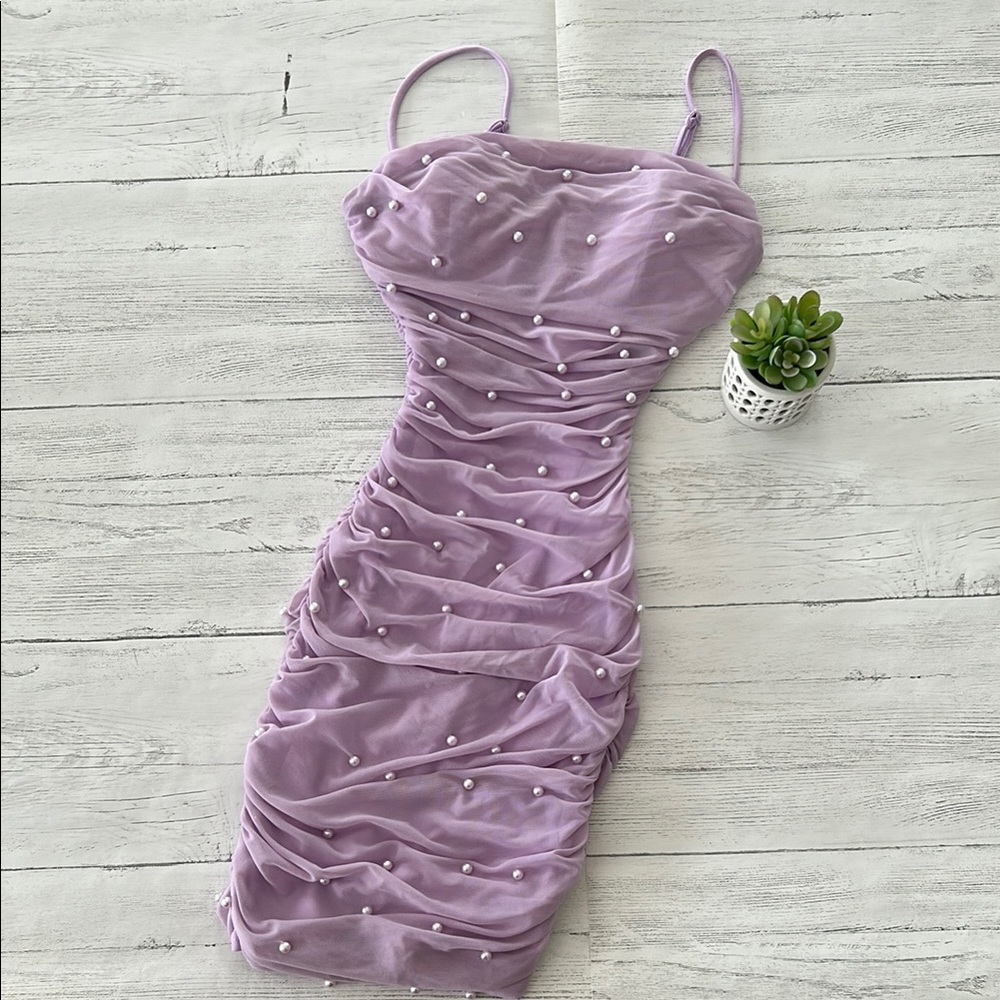 Windsor Purple Ruched Spaghetti Strap Mini Dress